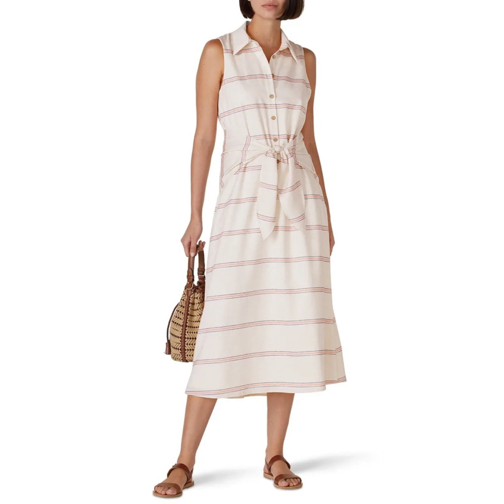 Women's Slate & Willow Sleeveless Tie Waist Polo Midi Dress Size M Cream Striped